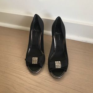 Gorgeous Black Satin Heels w/ Jeweled Detail